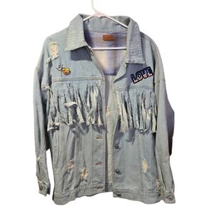 Pol Light Wash Distressed Fringe Denim Jacket